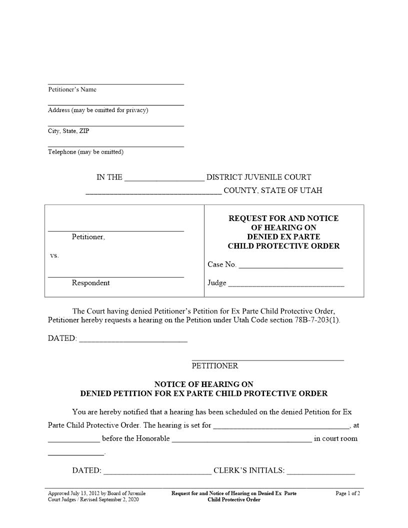 Request Notice Of Hearing Denied Ex Parte Child Protective Order | Pdf Fpdf Docx | Utah