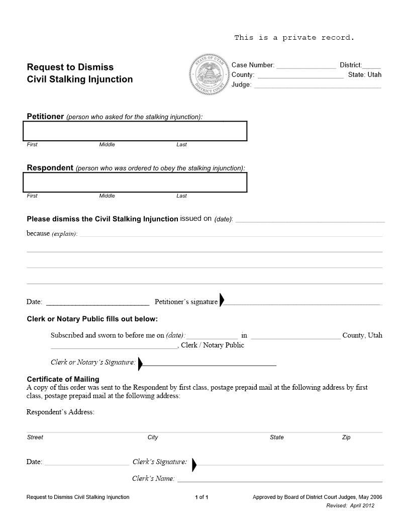 Request To Dismiss Civil Stalking Injunction |  | Utah