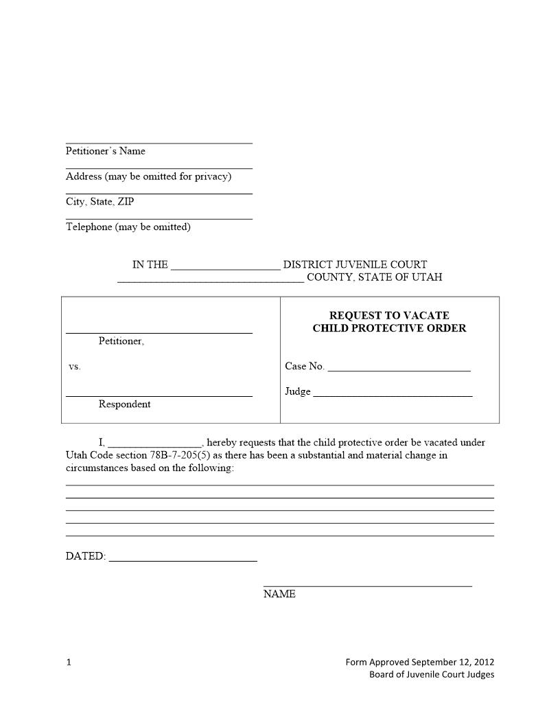 Request To Vacate Child Protective Order | Pdf Fpdf Docx | Utah