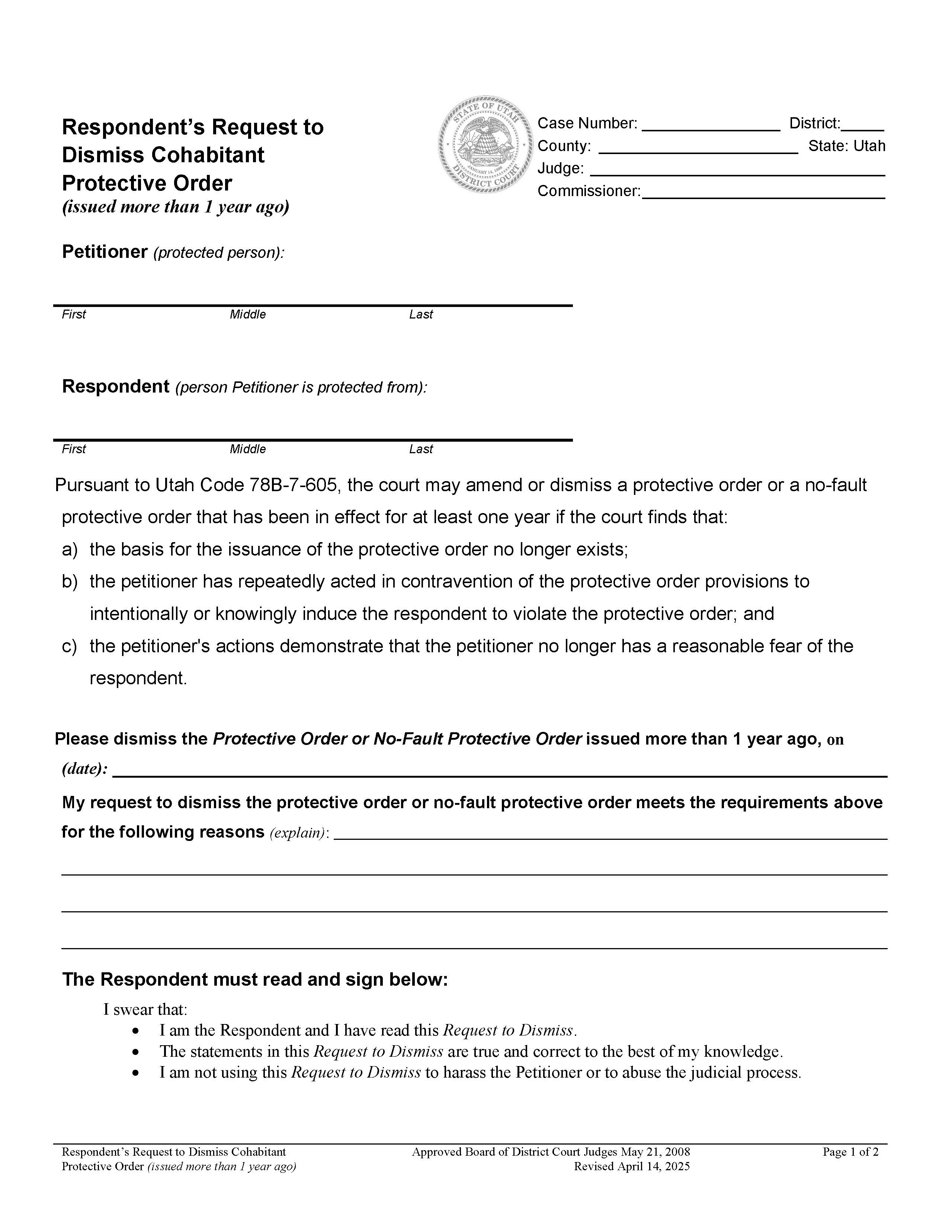 Respondents Request To Dismiss Cohabitant Protective Order {UT RRSCPO} | Pdf Fpdf Docx | Utah