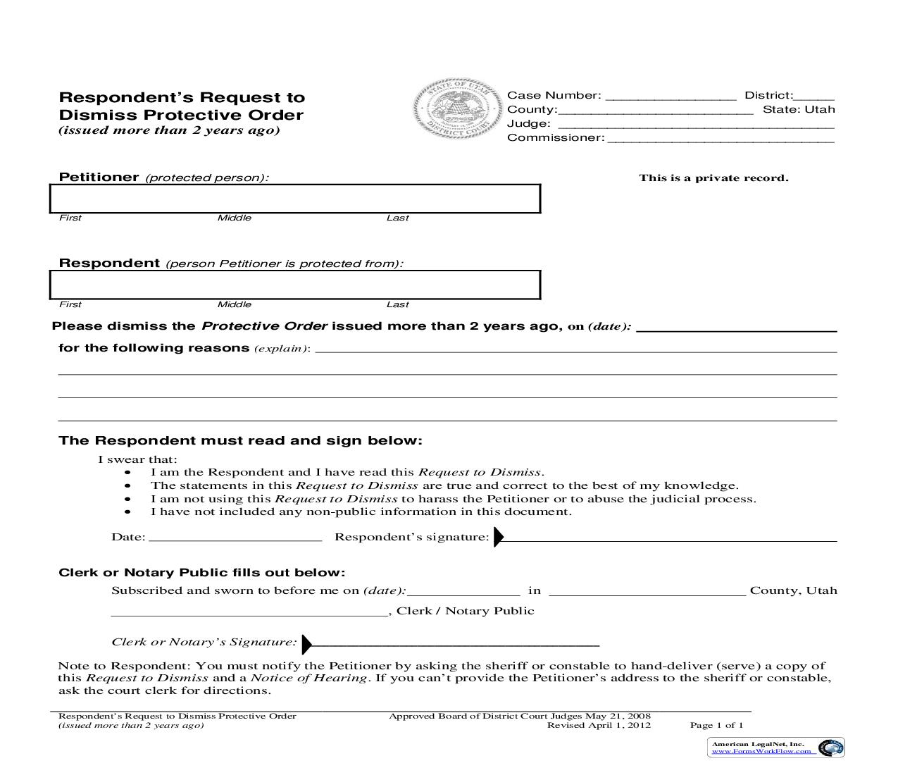 Respondents Request To Dismiss Protective Order |  | Utah