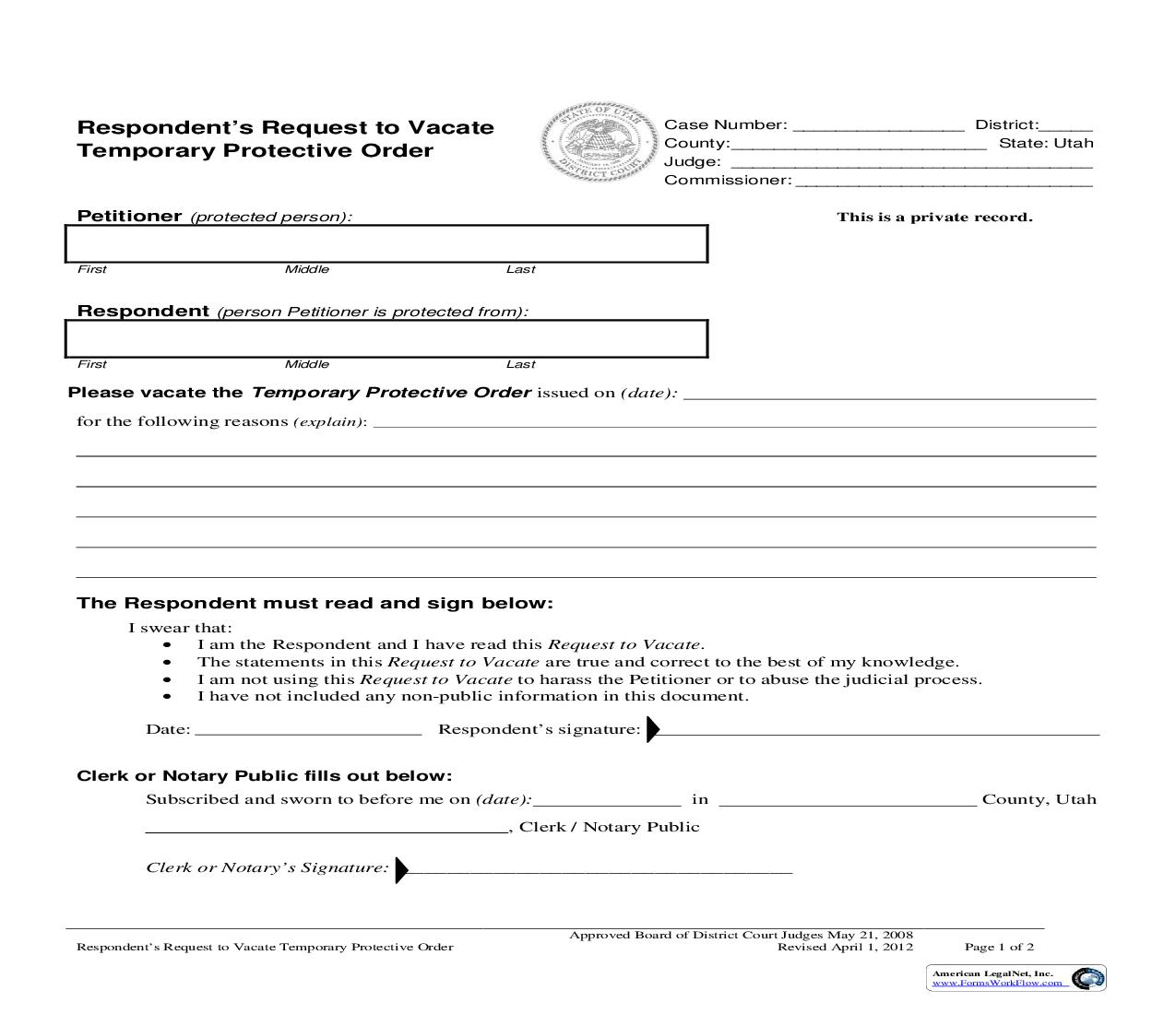 Respondents Request To Vacate Temporary Protective Order |  | Utah