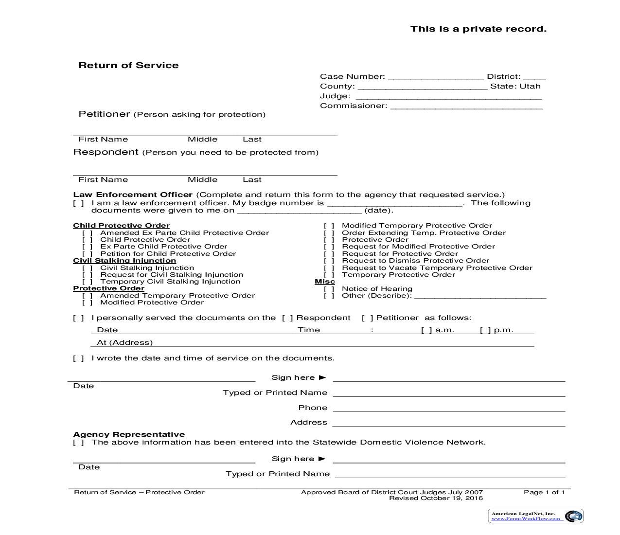 Return Of Service (Of Protective Order Forms) |  | Utah