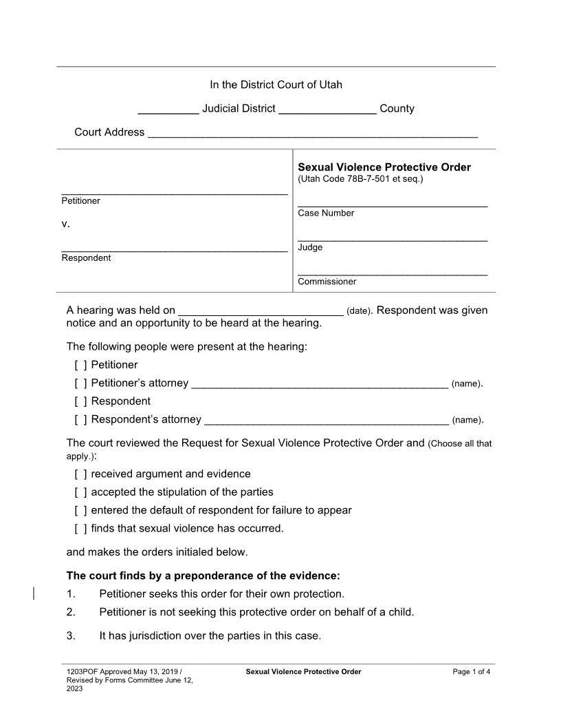 Sexual Violence Protective Order {1203POF} | Pdf Fpdf Docx | Utah
