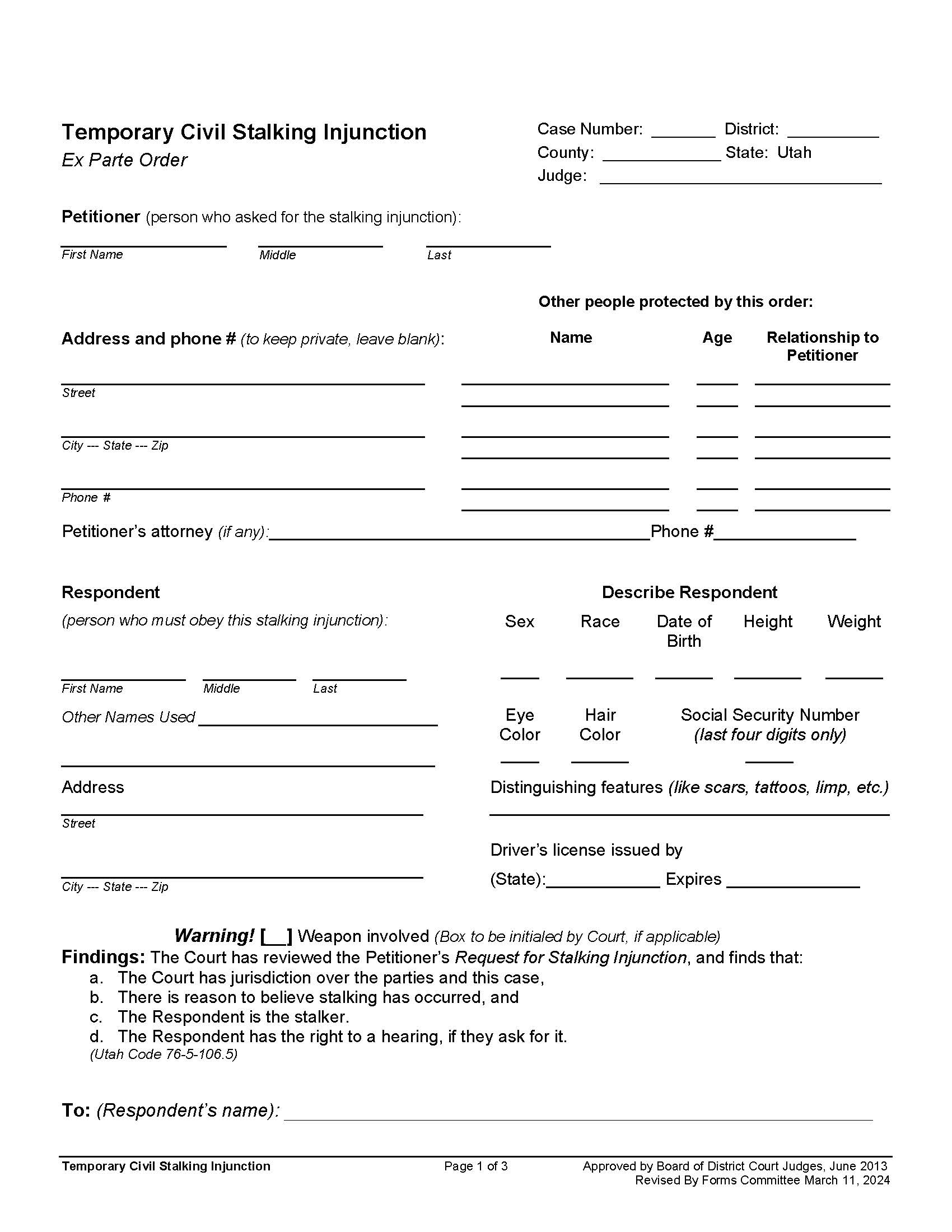 Temporary Civil Stalking Injunction | Pdf Fpdf Doc Docx | Utah