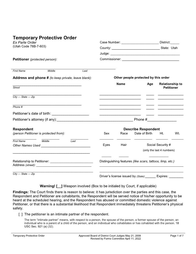 Temporary Protective Order | Pdf Fpdf Docx | Utah