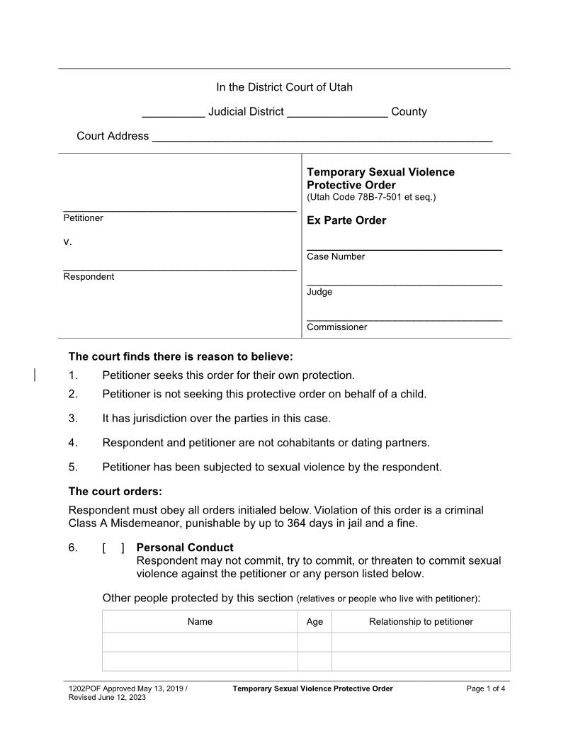 Temporary Sexual Violence Protective Order {1202POF} | Pdf Fpdf Docx | Utah