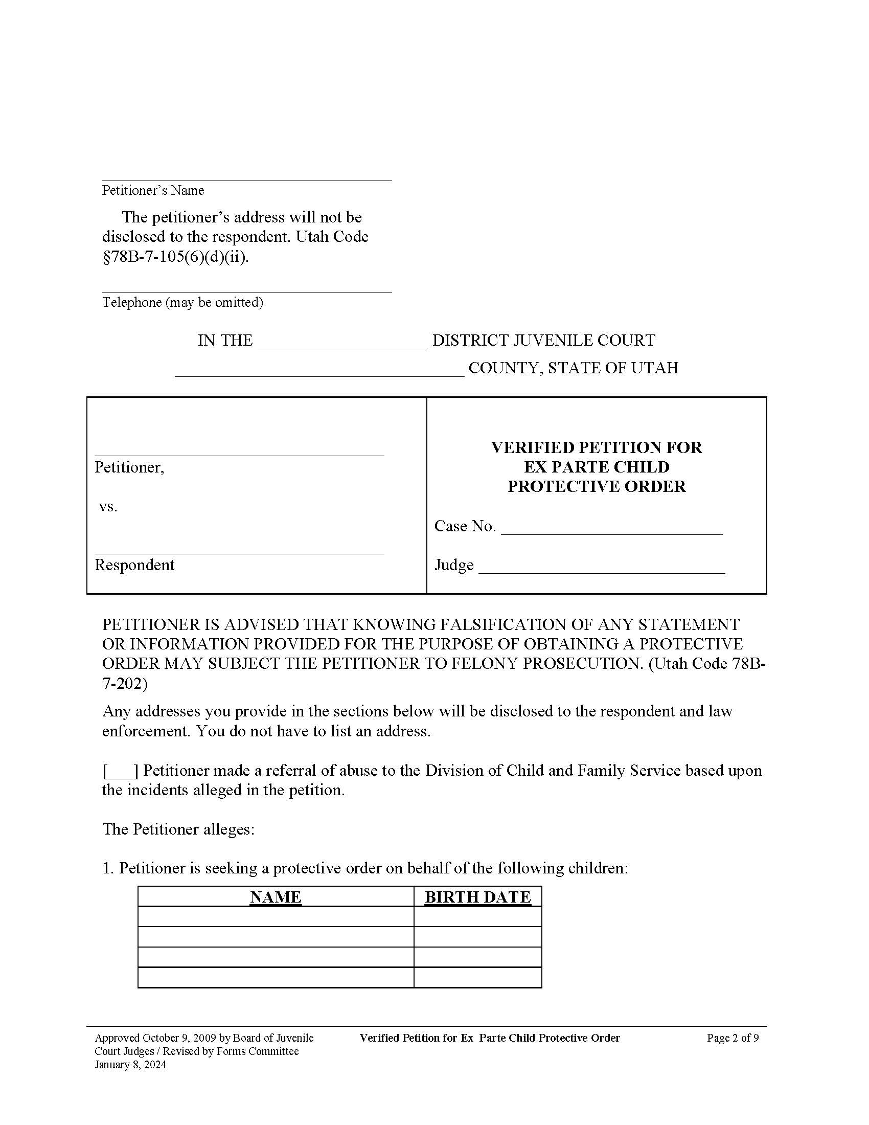 Verified Petition For Ex Parte Child Protective Order | Pdf Fpdf Docx | Utah