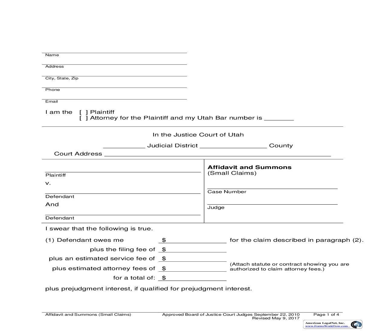 Affidavit And Summons | Pdf Fpdf Doc Docx | Utah