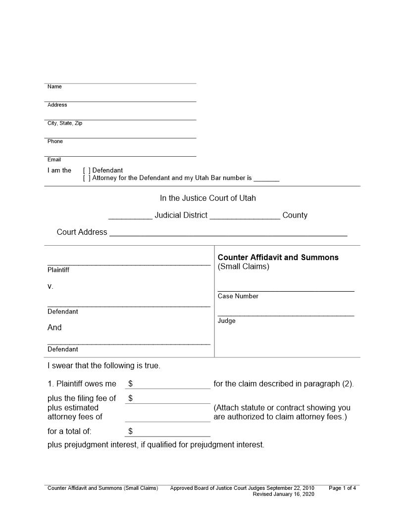 Counter Affidavit And Summons | Pdf Fpdf Doc Docx | Utah