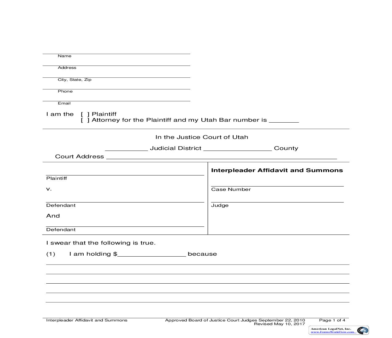 Interpleader Affidavit And Summons | Pdf Fpdf Doc Docx | Utah
