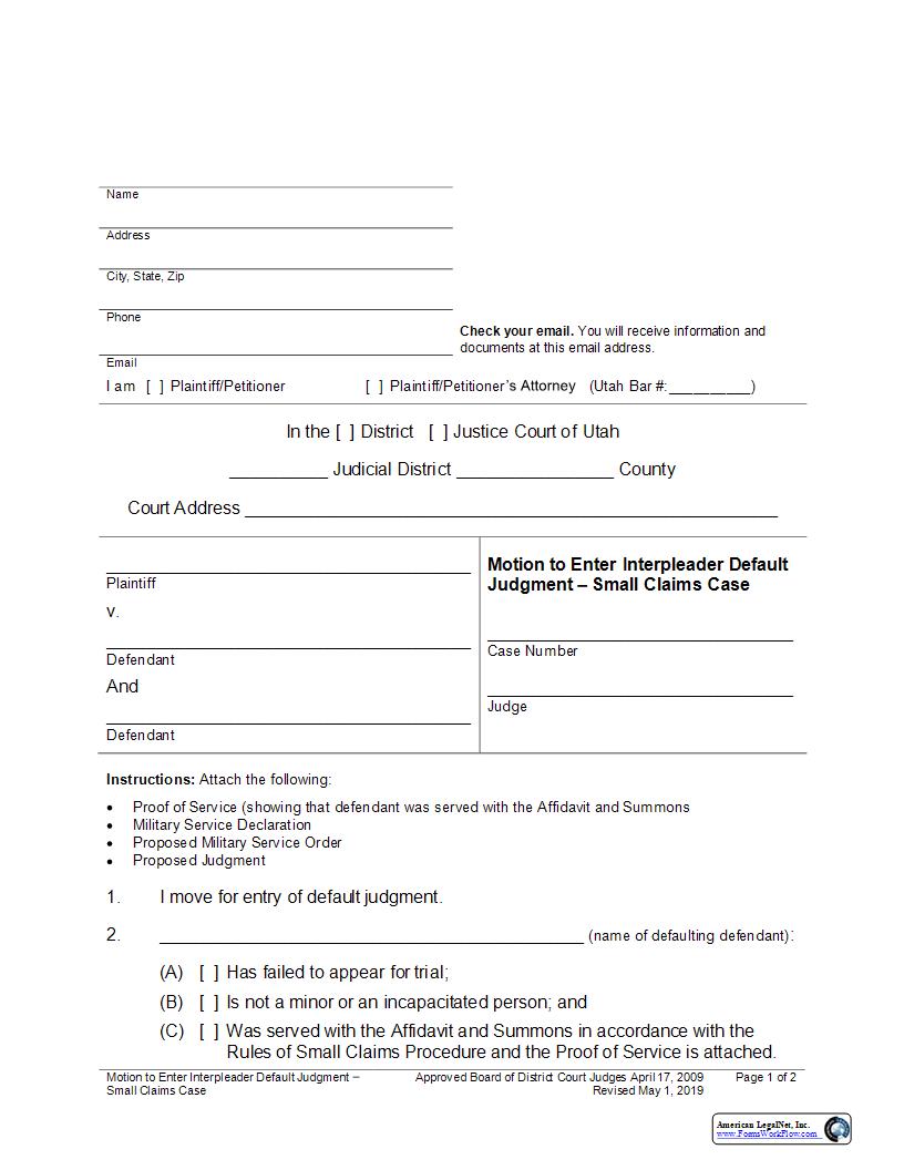 Motion To Enter Interpleader Default Judgment | Pdf Fpdf Docx | Utah