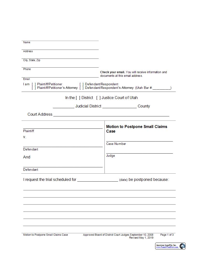 Motion To Postpone Small Claims Case | Pdf Fpdf Docx | Utah