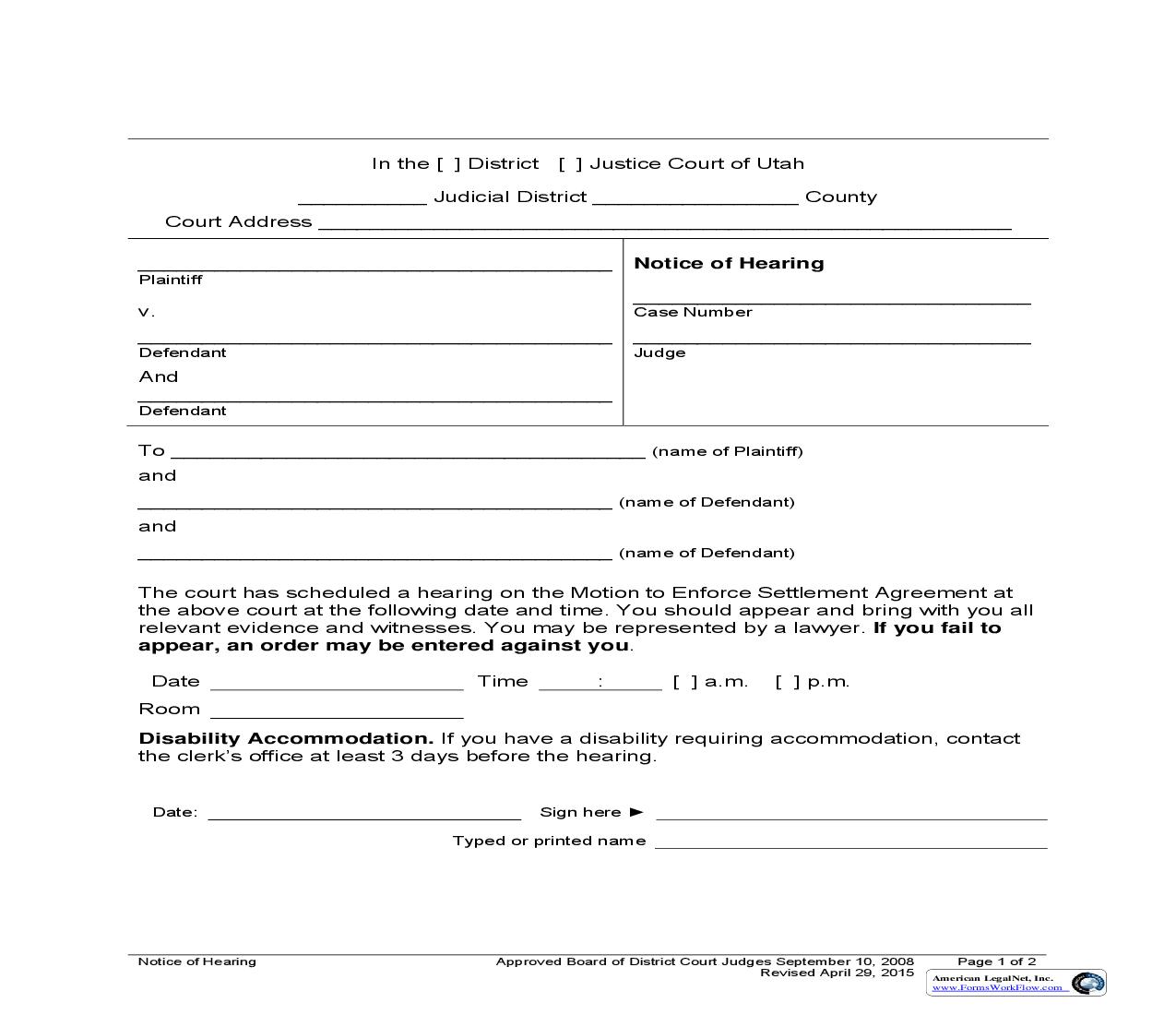 Notice Of Hearing On Motion To Enforce Settlement Agreement | Pdf Fpdf Doc Docx | Utah