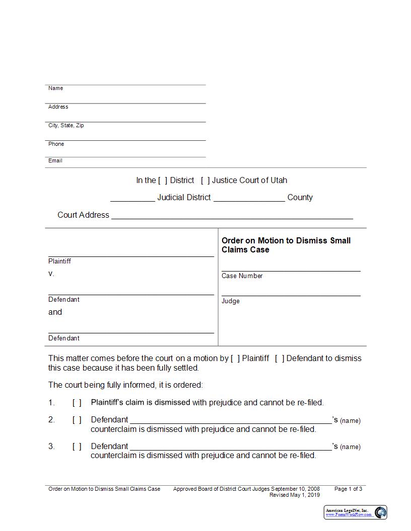 Order On Motion To Dismiss Small Claims Case | Pdf Fpdf Docx | Utah