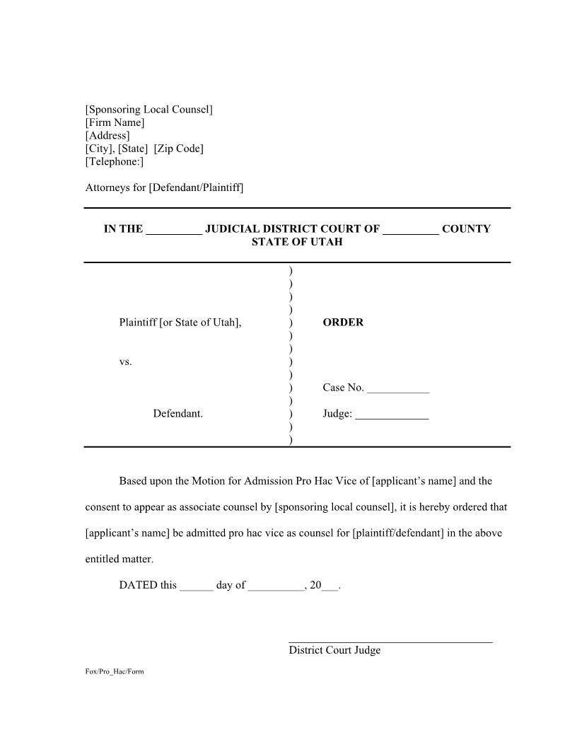(Proposed) Order On Admission Pro Hac Vice {UT POPHV} | Pdf Fpdf Docx | Utah