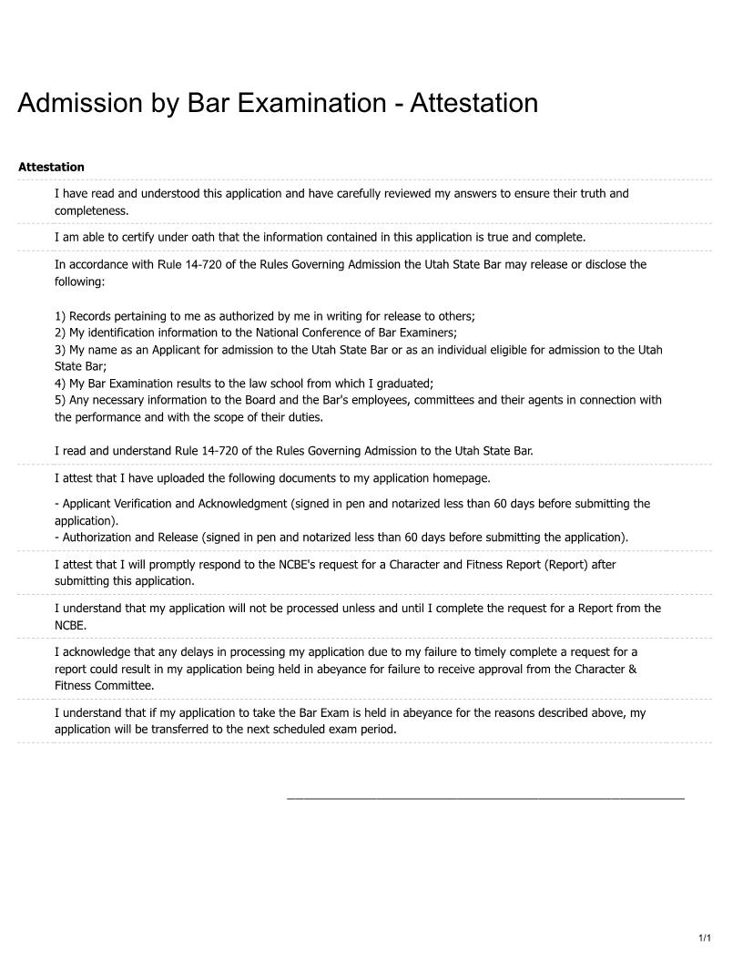Admission By Bar Examination - Attestation | Pdf Fpdf Docx | Utah