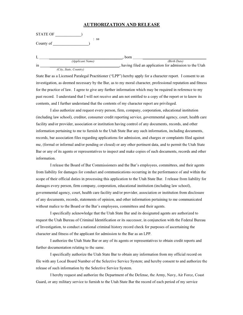 Authorization And Release (Licensed Paralegal Practitioner) | Pdf Fpdf Docx | Utah