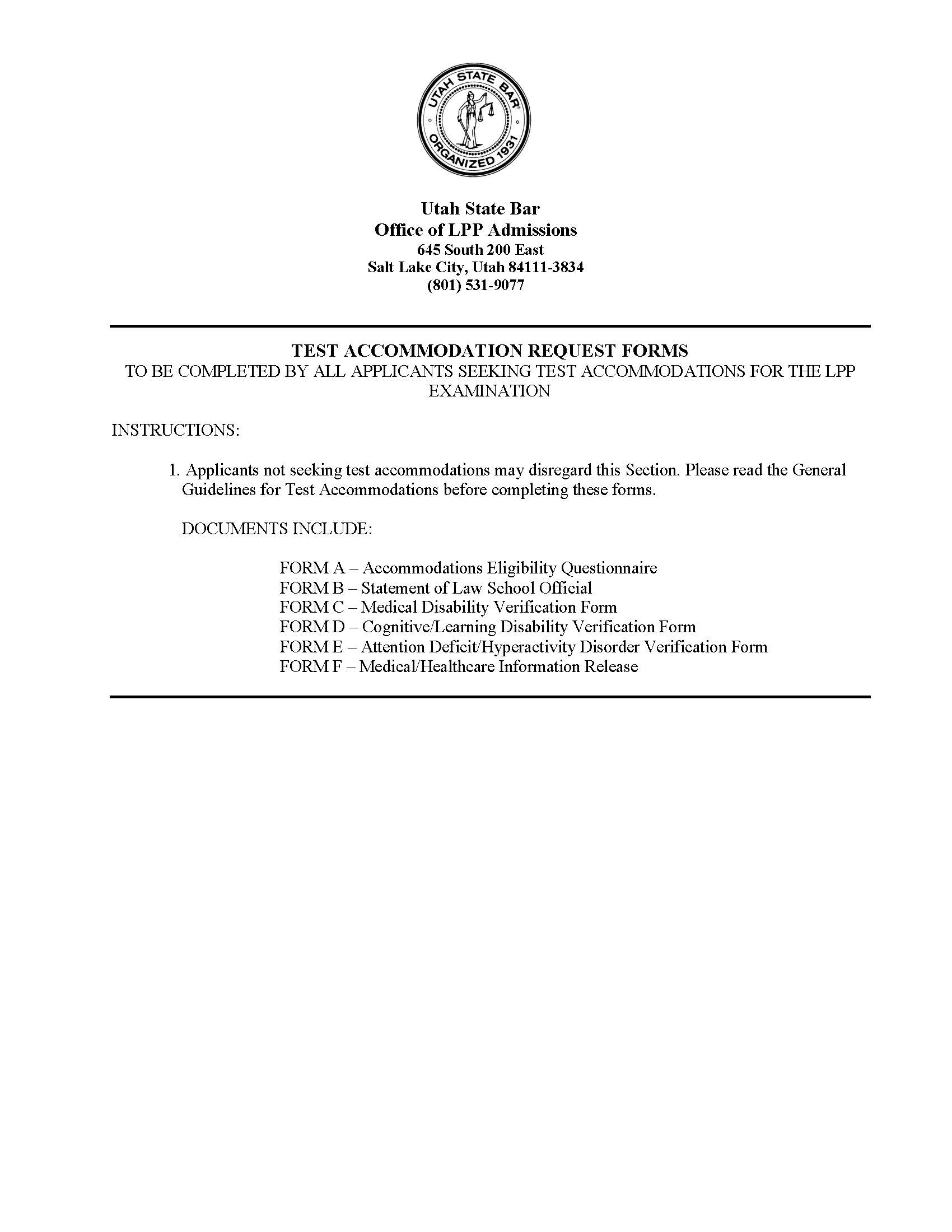 LPP Test Accommodation Request Forms A-F | Pdf Fpdf Docx | Utah