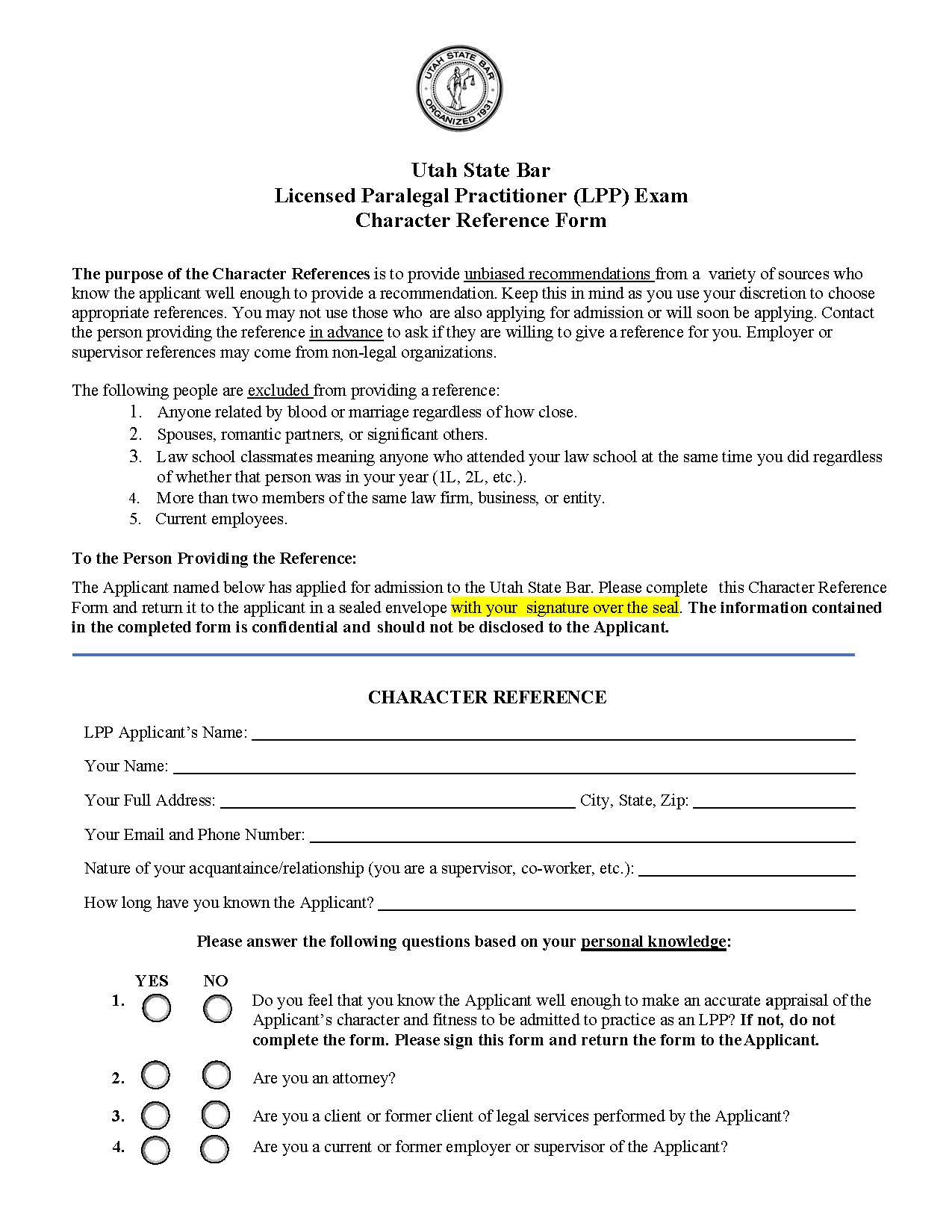 Licensed Paralegal Practitioner Exam Character Reference Form | Pdf Fpdf Docx | Utah