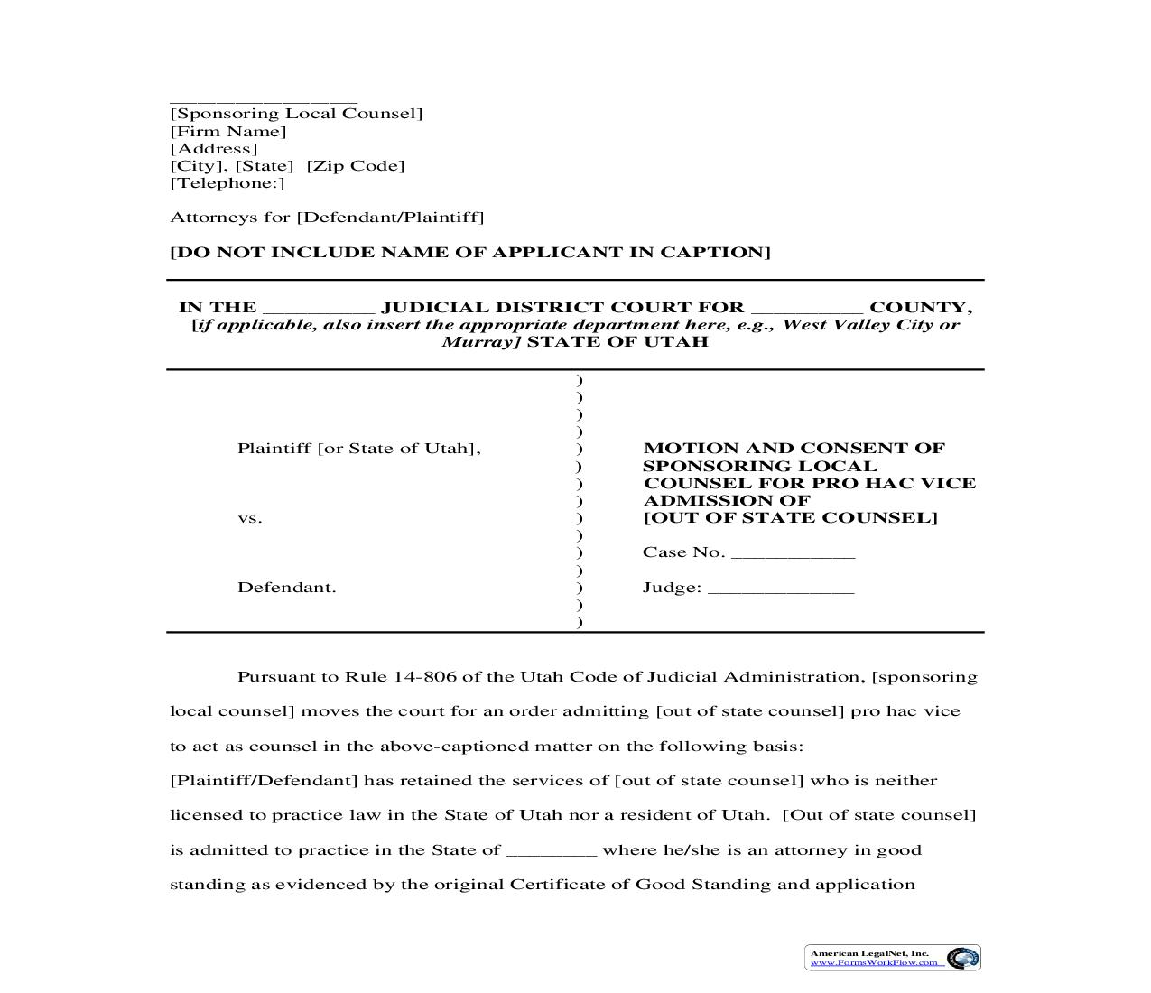 Motion And Consent Of Sponsoring Local Counsel For Pro Hac Vice Admission | Pdf Fpdf Doc Docx | Utah