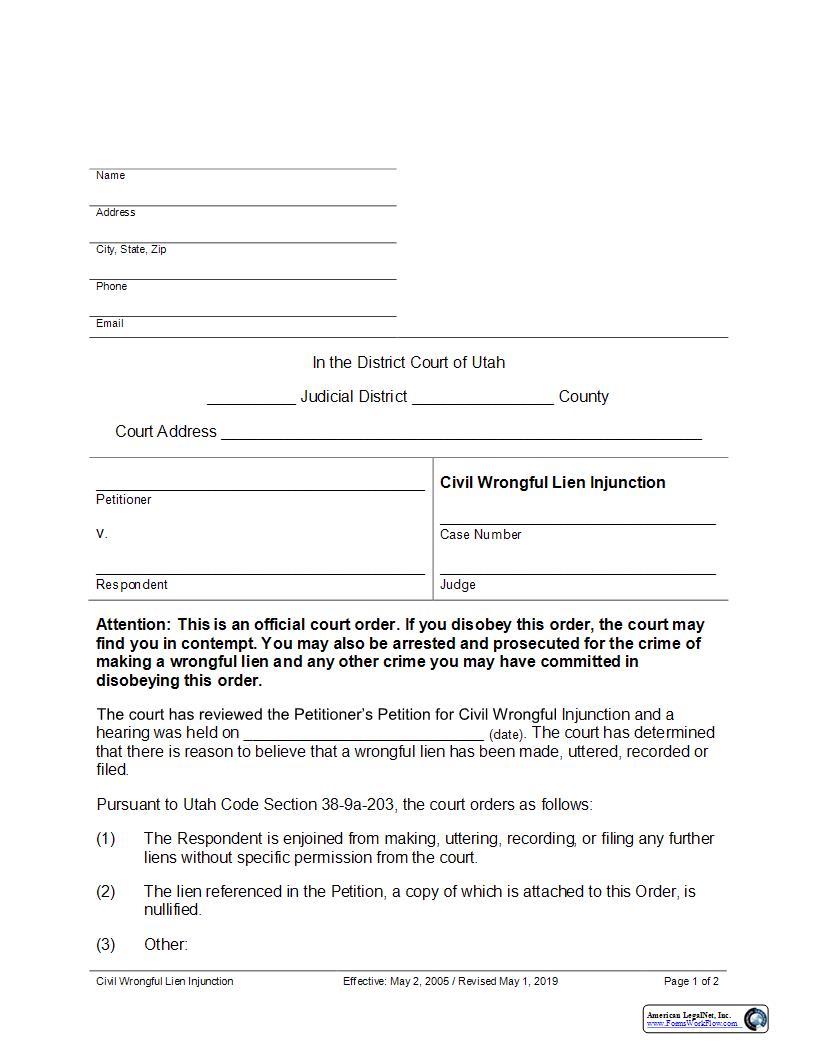 Civil Wrongful Lien Injunction | Pdf Fpdf Docx | Utah