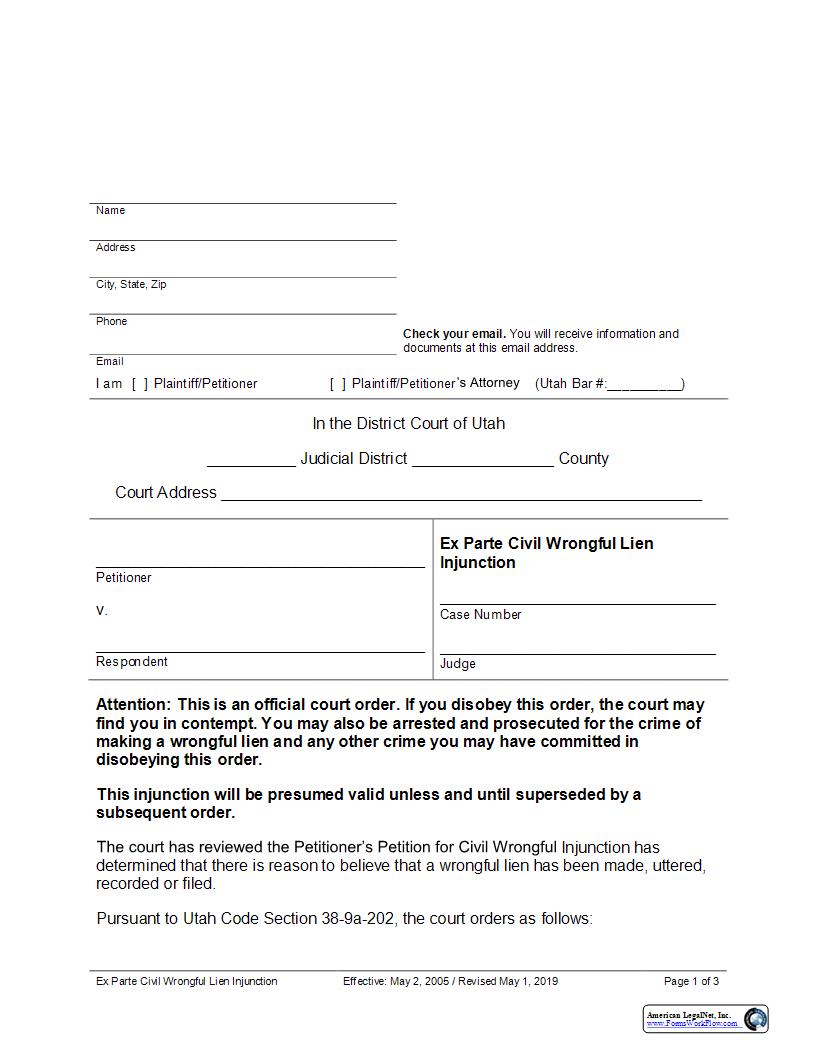 Ex Parte Civil Wrongful Lien Injunction | Pdf Fpdf Docx | Utah