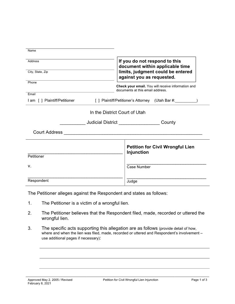 Petition For Civil Wrongful Lien Injunction | Pdf Fpdf Docx | Utah