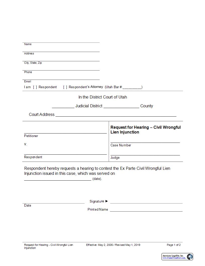 Request For Hearing (Wrongful Liens) | Pdf Fpdf Docx | Utah