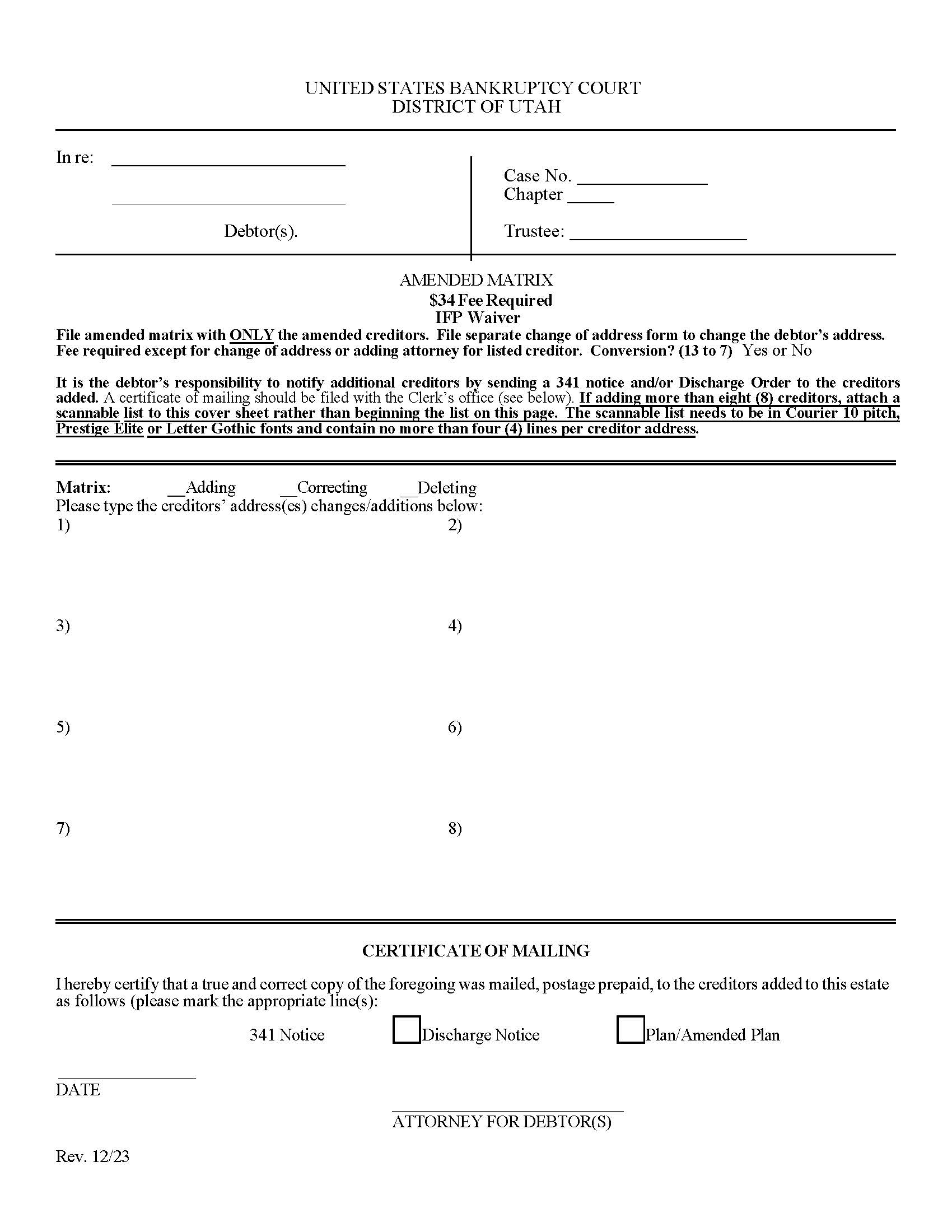 Amended Matrix (Cover Sheet) {UTB AMCS} | Pdf Fpdf Doc Docx | Utah