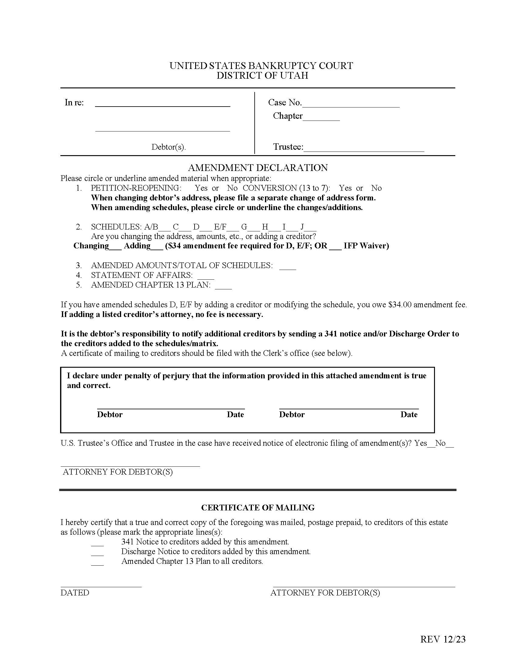 Amendment Declaration (Cover Sheet) {UTB-ADCS} | Pdf Fpdf Doc Docx | Utah