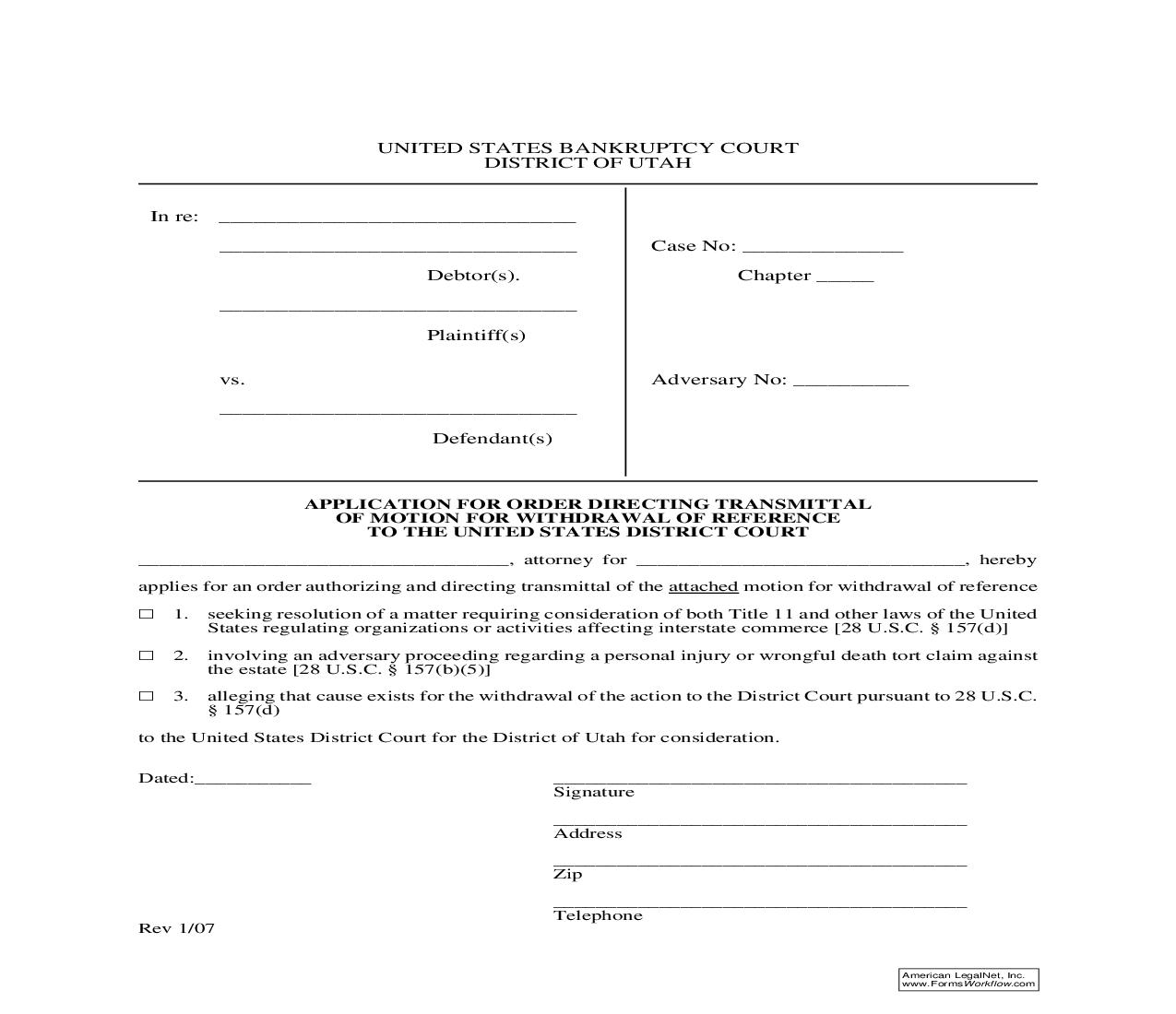 Application For Order Directing Transmittal Of Motion For Withdrawal Of Reference To US District Court | Pdf Fpdf Doc Docx | Utah