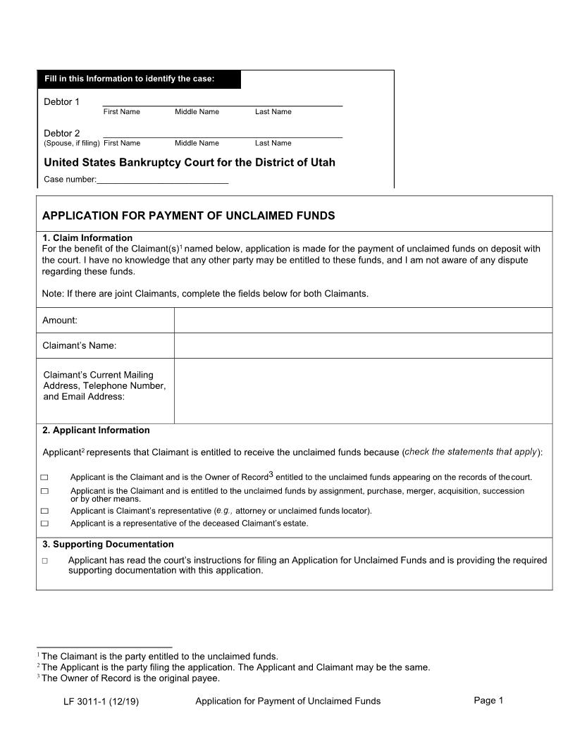 Application For Payment Of Unclaimed Funds Notice Of Objection Deadline {3011-1} | Pdf Fpdf Docx | Utah