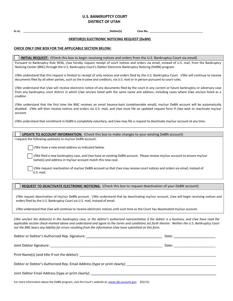 Debtor(s) Electronic Noticing Request (DeBN) | Pdf Fpdf Docx | Utah
