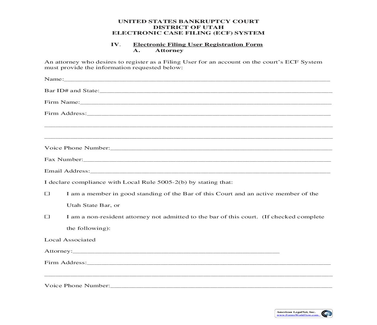 Electronic Filing User Registration Form - Attorney | Pdf Fpdf Doc Docx | Utah