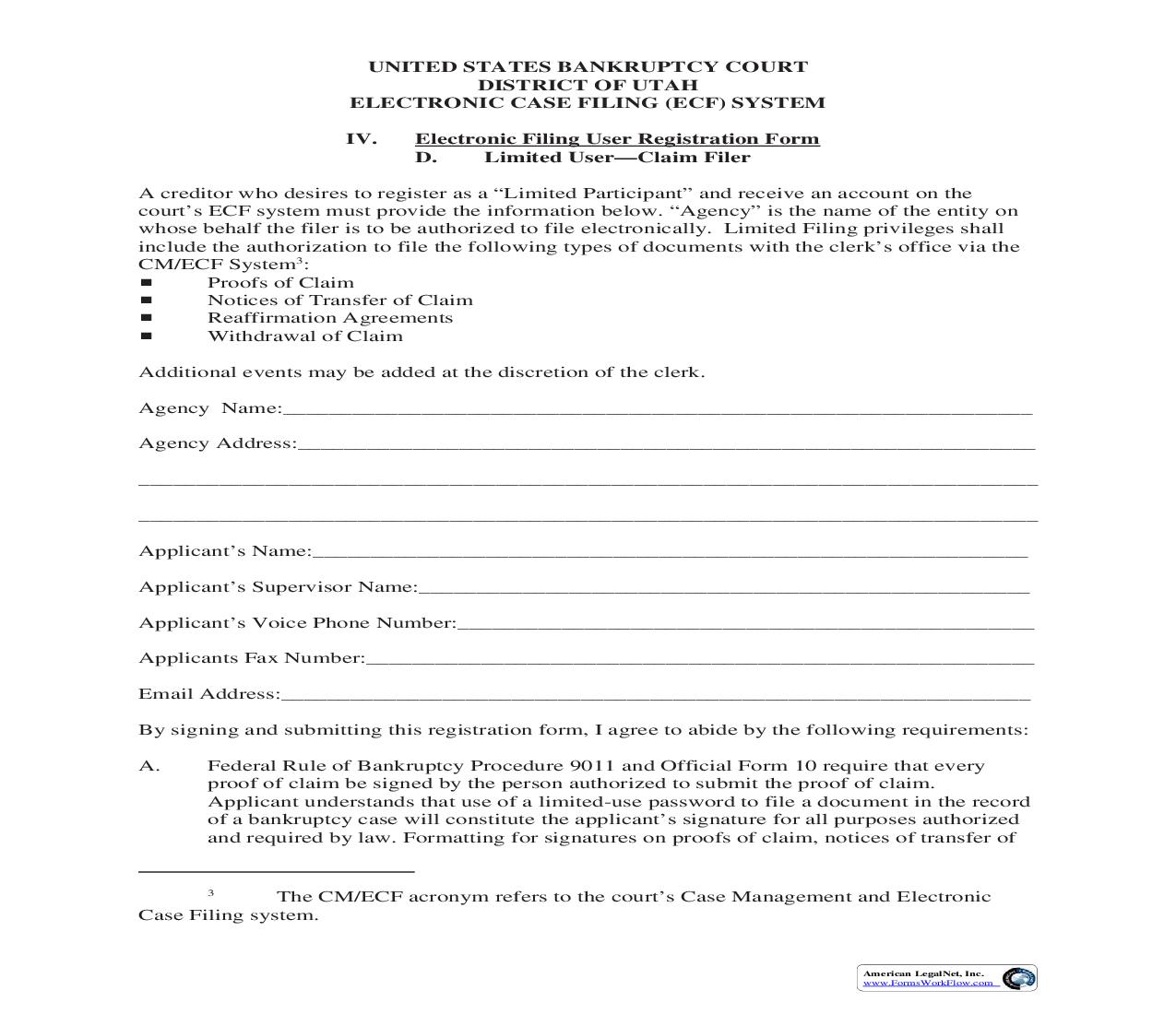Electronic Filing User Registration Form - Limited User - Claim FIler | Pdf Fpdf Doc Docx | Utah