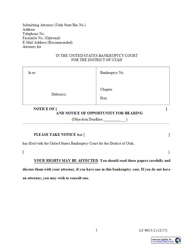 Notice Of (Blank) And Notice Of Opportunity For Hearing {9013-2} | Pdf Fpdf Docx | Utah