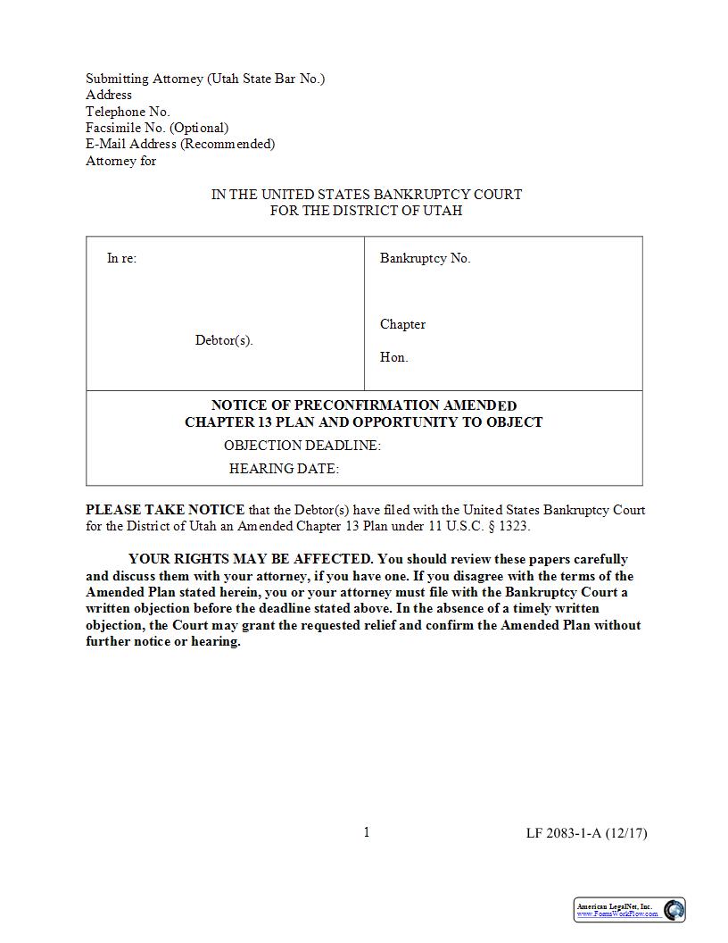 Notice Of Preconfirmation Amended Chapter 13 Plan And Opportunity To Object {2083-1-A} | Pdf Fpdf Docx | Utah
