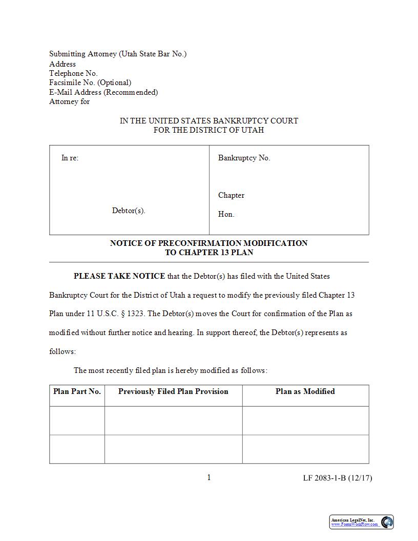 Notice Of Preconfirmation Modification To Chapter 13 Plan {2083-1-B} | Pdf Fpdf Docx | Utah