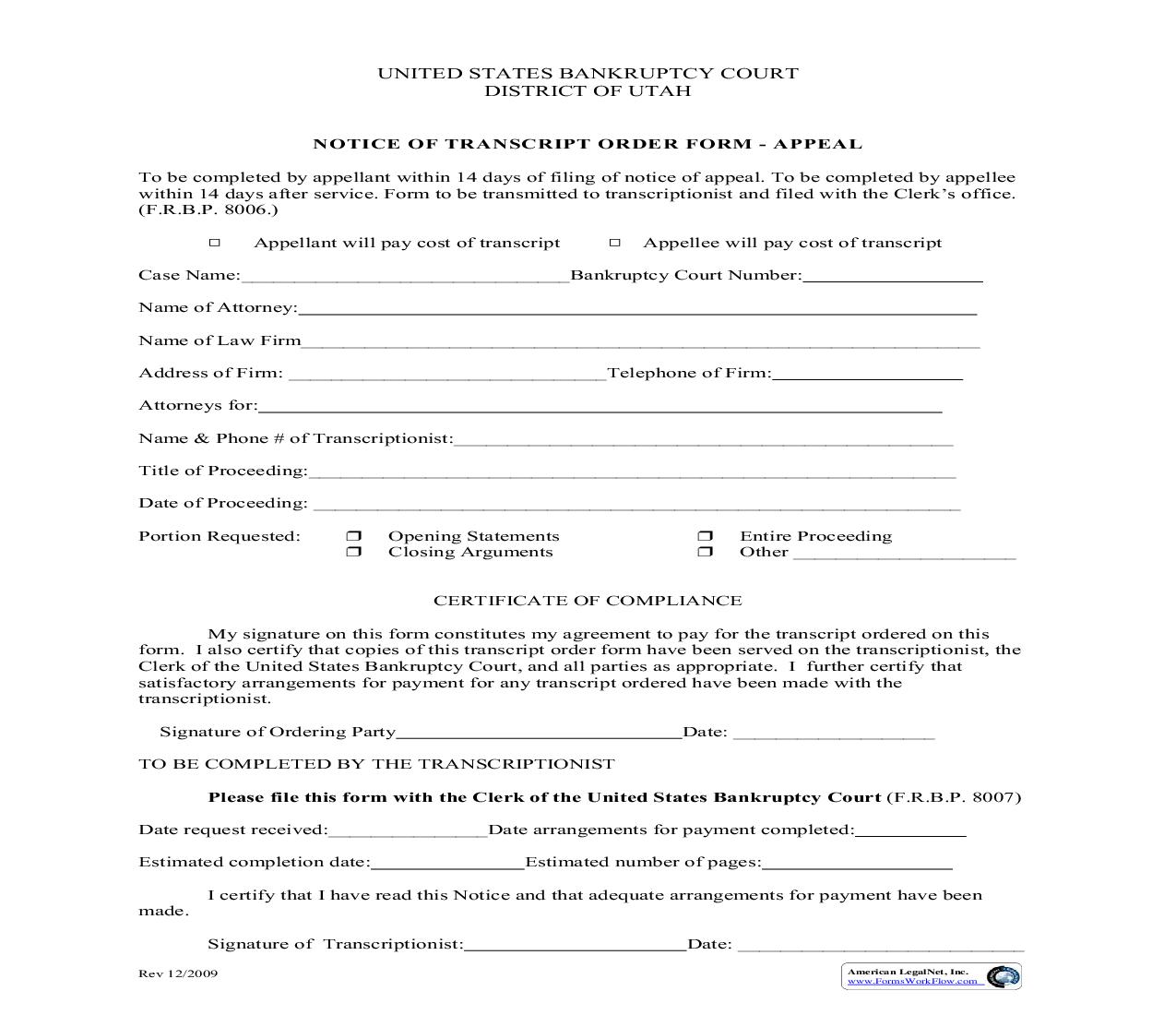 Notice Of Transcript Order Form - Appeal | Pdf Fpdf Doc Docx | Utah