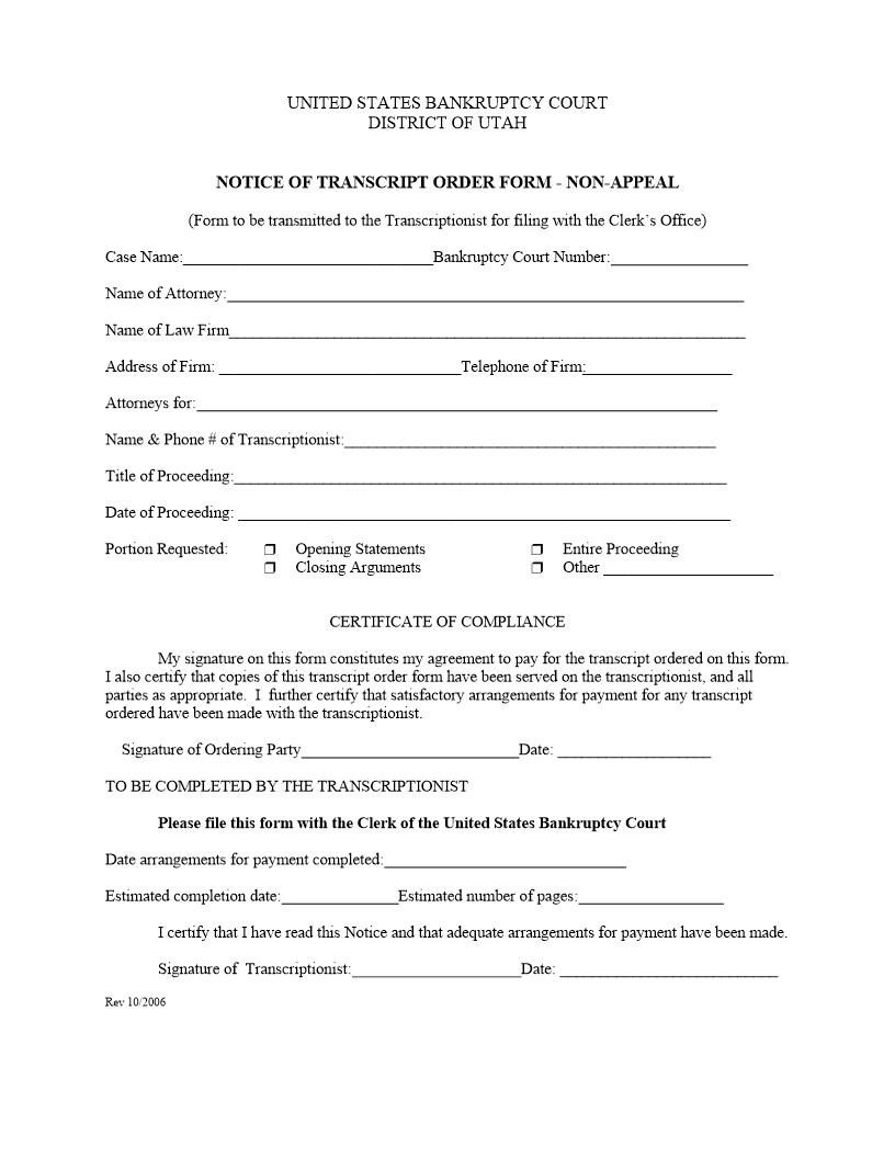 Notice Of Transcript Order Form - Non-Appeal | Pdf Fpdf Docx | Utah
