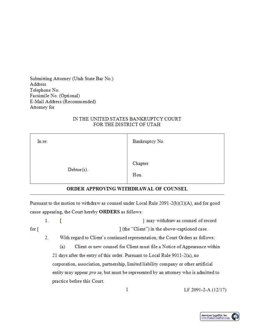 Order Approving Withdrawal Of Counsel {2091-2-A} | Pdf Fpdf Docx | Utah