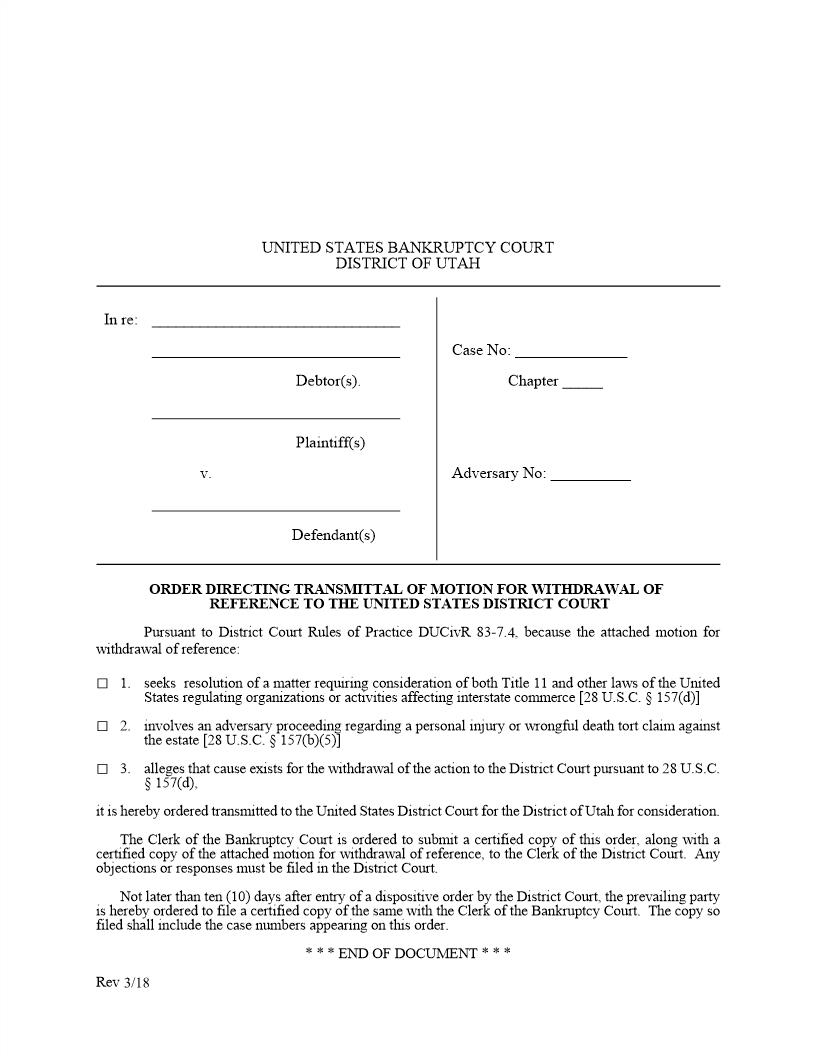 Order Directing Transmittal Motion For Withdrawal Of Reference To USDC {UTB-OMWRDC} | Pdf Fpdf Docx | Utah