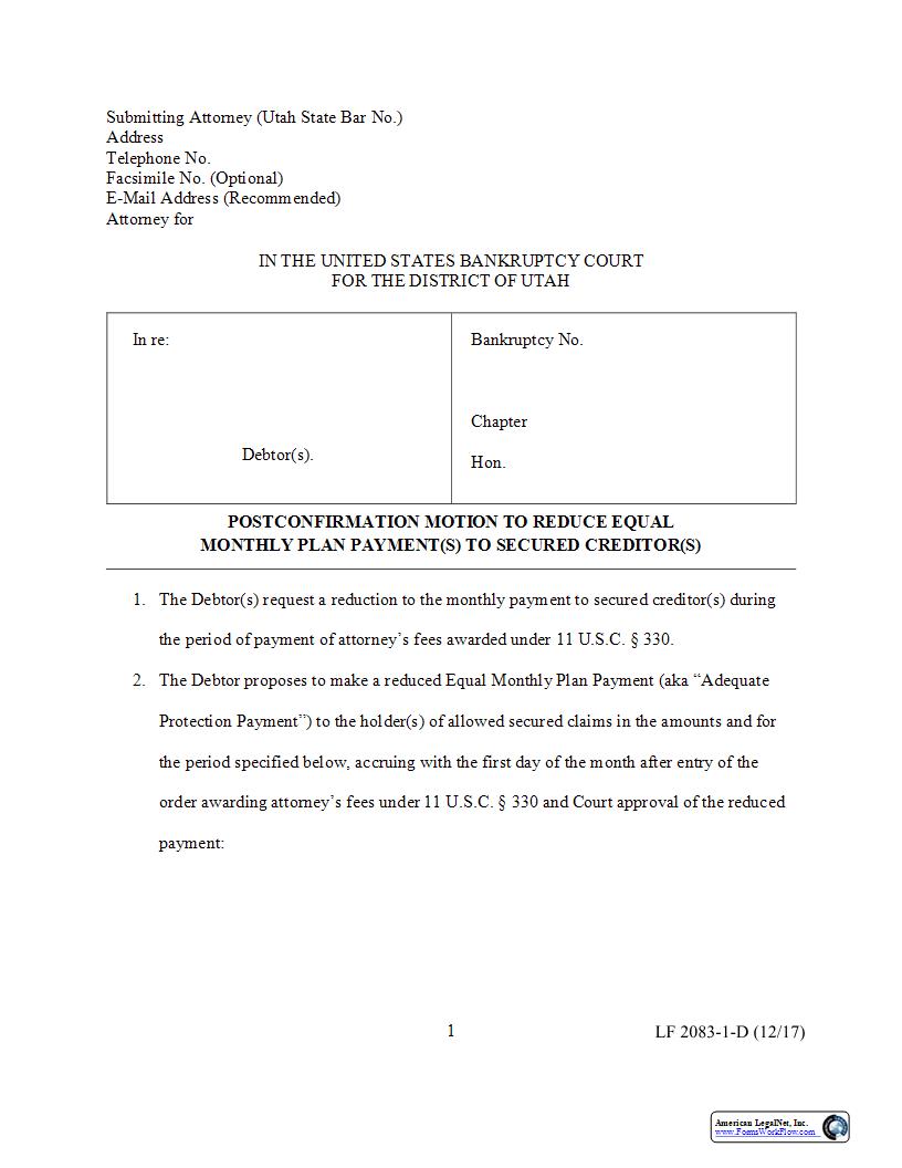 Postconfirmation Motion To Reduce Equal Monthly Plan Payment(s) To Secured Creditors {2083-1-D} | Pdf Fpdf Docx | Utah