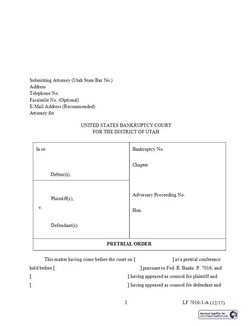 Pretrial Order {7016-1-A} | Pdf Fpdf Docx | Utah