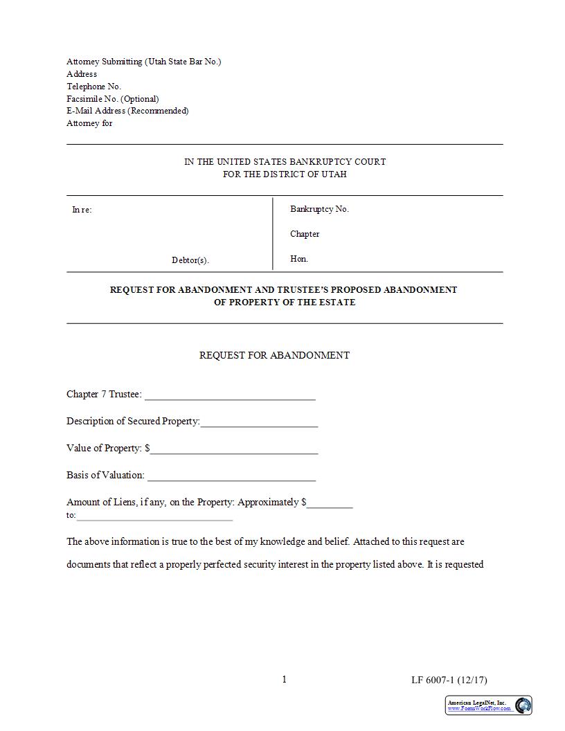 Request For Abandonment And Trustees Proposed Abandonment Of Property Of Estate {6007} | Pdf Fpdf Docx | Utah