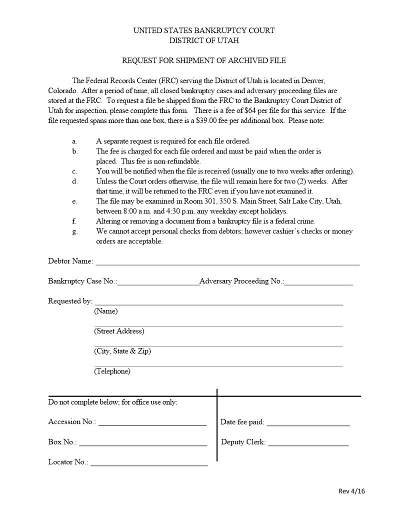 Request For Shipment Of Archived File | Pdf Fpdf Docx | Utah
