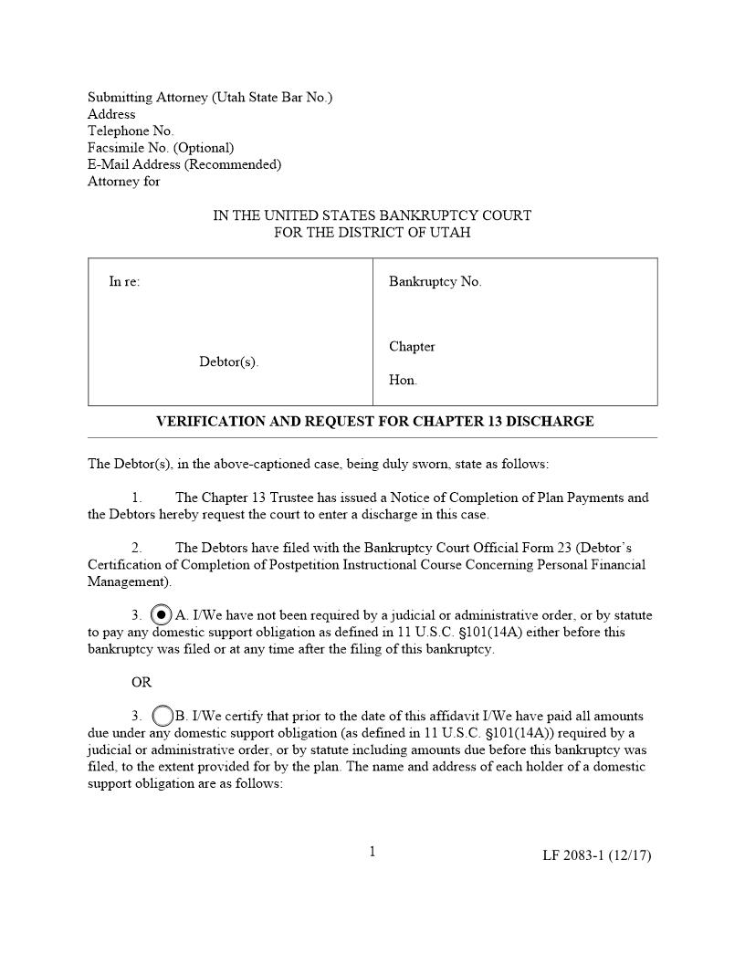 Verification And Request For Discharge {2083-1} | Pdf Fpdf Docx | Utah