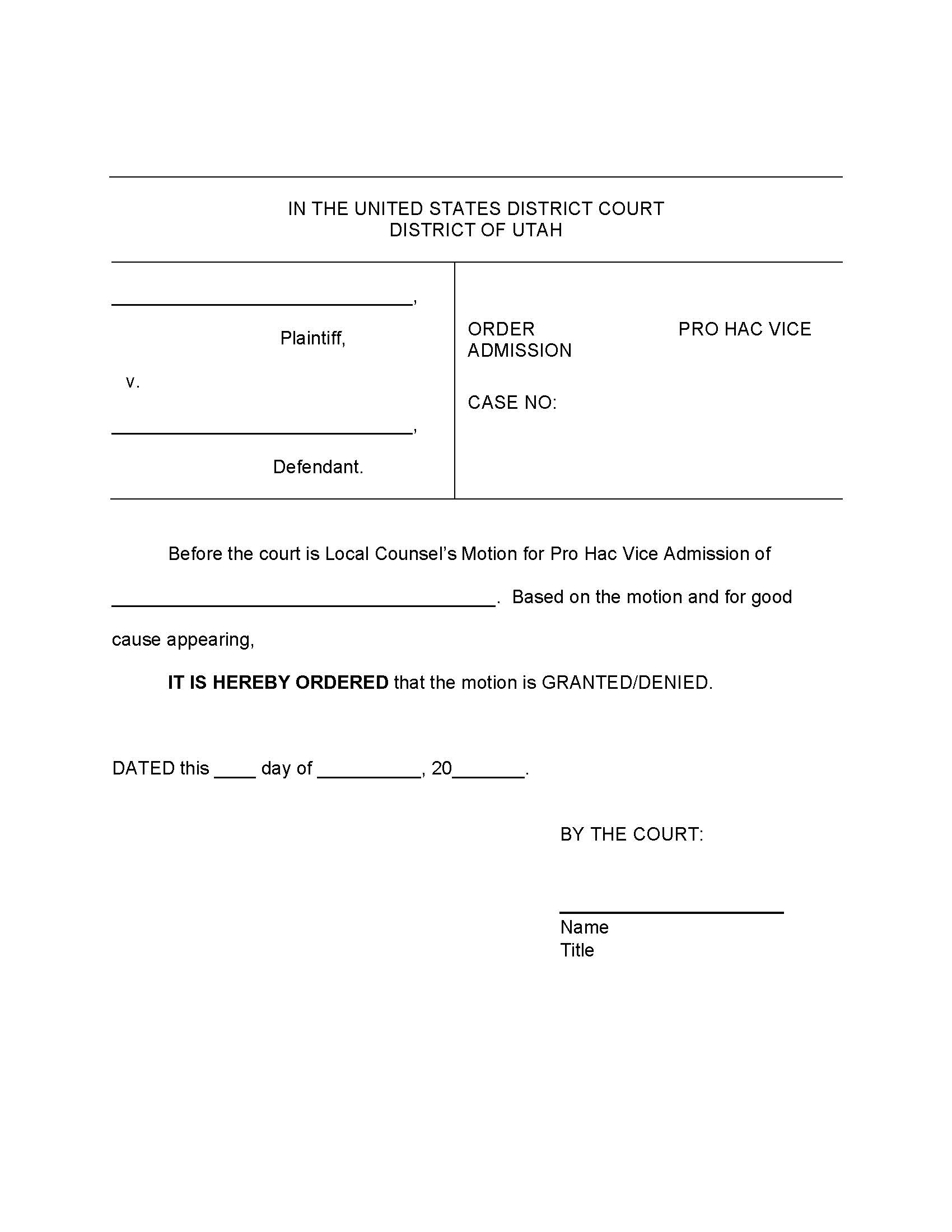 (Proposed) Order Granting-Denying Pro Hac Vice Admission {POPHVA} | Pdf Fpdf Docx | Utah