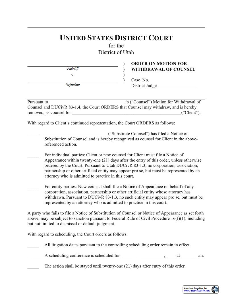 (Proposed) Order On Motion For Withdrawal Of Counsel | Pdf Fpdf Docx | Utah